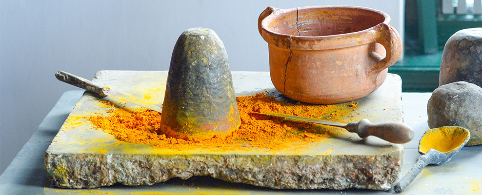 a slab of stone with tools for grinding pigments to paint Medieval Gear